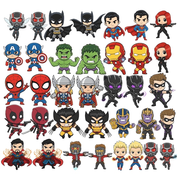 36 Baby Avengers Clipart | Cute Chibi Superhero PNG Bundle | Iron Man, Spider-Man, Thor, Captain America, Hulk Digital Download