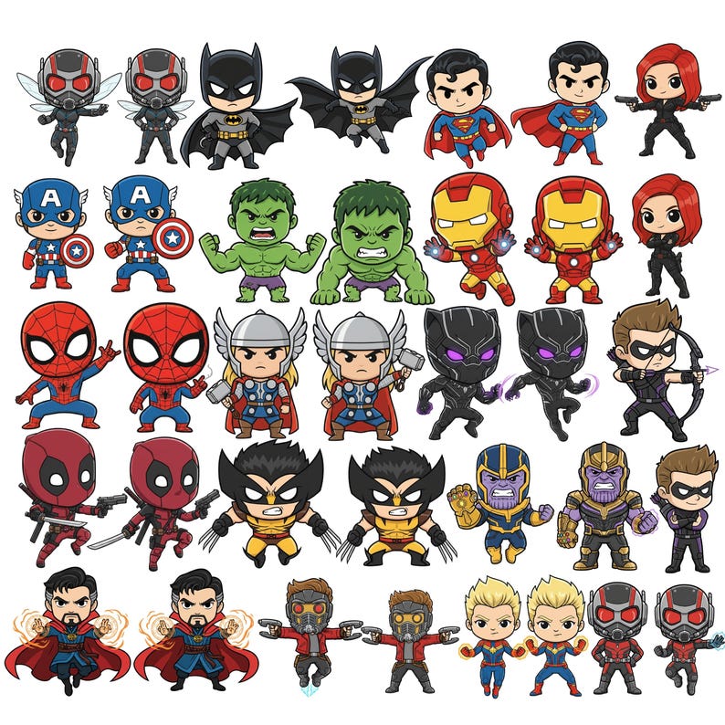 May include: A collection of cartoon superhero characters, including Batman, Superman, Spider-Man, and Captain America. Each character is depicted in a chibi style with vibrant colors and distinct features. The image showcases a variety of popular comic book and movie heroes.
