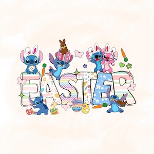 May include: A colorful graphic featuring the word "EASTER" with various Stitch characters in bunny ears and Easter eggs. The design includes carrots, butterflies, and flowers, creating a festive holiday theme.