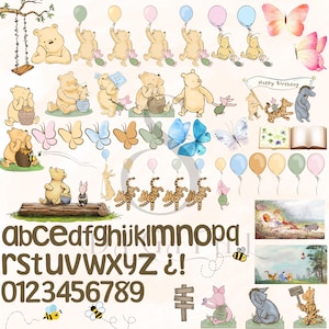Könnte beinhalten: Eine Sammlung von Illustrationen zum Thema Winnie Puuh. Enthält Puuhbär mit Ballons, Schmetterlingen und anderen Charakteren. Enthält auch ein komplettes Alphabet, Zahlen und andere grafische Elemente. Ideal für Bastel- und Scrapbooking-Projekte.