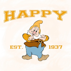 Happy Dwarf Collage Design Png Svg | Snow White Happy Varsity Print SVG Png | Disney Design Png | Seven Dwarfs Illustration