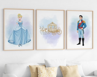 Cinderella Wall Art Printable Set of 3 Princess Cinderella Print Princess Nursery Wall Decor Baby Girl Nursery Decor Disney Princess Art