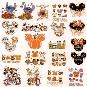 Puede incluir: Una colección de gráficos con temática otoñal con personajes de Disney y elementos de otoño. Incluye imágenes de Stitch, Mickey y Minnie Mouse, calabazas, hojas de otoño y tazas de café. El texto incluye "Fall Vibes", "Thankful" y "Pumpkin Spice Season".