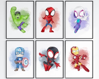 6 Watercolor Superheroes Prints - Baby Hero Posters, Gift for Boys, Playroom Decoration, Nursery Avengers Prints, Digital Download, Drawing