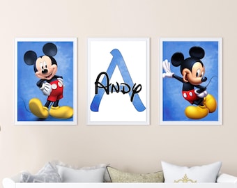 Mickey Mouse set van 3 prints aangepaste muurkunst kinderkamer jongens kamer decor afdrukbare digitale posters gepersonaliseerde naambord print peuterjongen