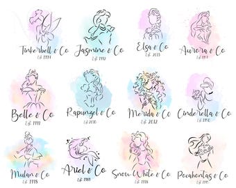 Princesse et compagnie aquarelle Png, Svg Bundle, dessin au trait Princesse Silhouette Png, fichiers Svg, Tiana Png, clipart princesse, la reine des neiges, Raiponce, blanc neige