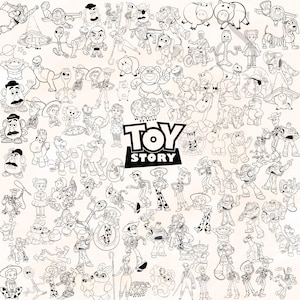 Puede incluir: Ilustración en blanco y negro con numerosos personajes de la película de animación "Toy Story". La imagen incluye a Woody, Buzz Lightyear, Sr. Cara de Papa y otras figuras reconocibles. El logotipo de "Toy Story" se muestra prominentemente en el centro.