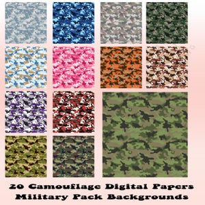 20 Camouflage Digital Paper, Military Pack Seamless Camouflage Backgrounds Scrapbooks, Camouflage Pattern, 20 JPG File