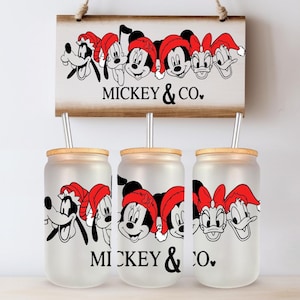 Mickey & Co Christmas Movie Glass Can Sublimation PNG, Xmas Cartoon Coffee 16oz Libbey Wrap Design, Cute Holiday Character Glass Can PNG
