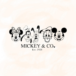 May include: Black and white illustration featuring the faces of Minnie Mouse, Goofy, Pluto, Donald Duck, and Mickey Mouse. The text "MICKEY & CO." is below the characters, with "Est. 1928" underneath. The design is on a light beige background.