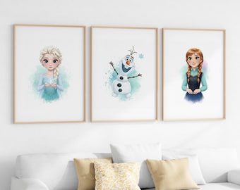 Láminas decorativas de Frozen para pared, pósteres de Elsa y Anna en acuarela para habitación infantil, dibujo de Frozen para pared, decoración para habitación de niñas, set de 3 láminas para habitación infantil