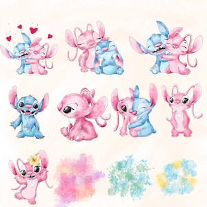 Puede incluir: Ilustraciones en acuarela de los personajes Stitch y Angel en varias poses. Los personajes están representados en tonos azules y rosas, con corazones y flores. El tema general es el amor y el afecto.