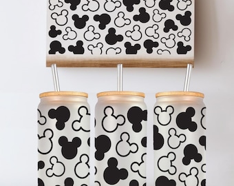 Black Mouse Head 16oz Glass Can Wrap Cartoon PNG,SVG, Glassware 16oz Can Wrap Png, Mouse Head Can Wrap, Libbey Glass Can Wrap Sublimation
