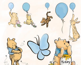 Blue Winnie the Pooh Birthday PNG Bundle, Pooh Bear Baby Shower Clipart,Digital Download