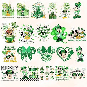 May include: A selection of St. Patrick's Day designs featuring Mickey and Minnie Mouse, castles, shamrocks, and text. The graphics are in green and white, with phrases such as "Happy St. Patrick's Day" and "Lucky Vibes".