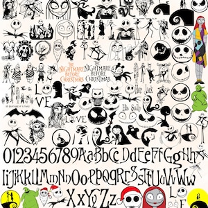 Puede incluir: Una colección de ilustraciones y gráficos en blanco y negro con personajes y elementos de "Pesadilla antes de Navidad". Incluye a Jack Skellington, Sally, Zero y varias citas y letras. La imagen también contiene el alfabeto y números.