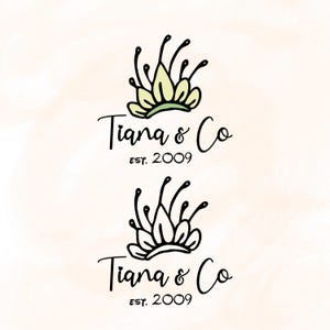 May include: The image features a logo for "Tiana & Co" with a floral crown design above the text. The logo includes the text "Est. 2009". The crown is in black and light green. The background is a light peach color.