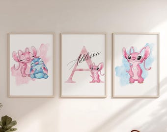 Personalized Stitch 3 Wall Art for Kidss Room, Custom Name Stitch Decor, Set of 3 Prints Kids Room Wall Art, Stitch Nursery Decor