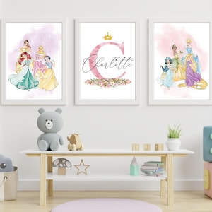 Gepersonaliseerde prinses muurkunst, set van 3 prints, aangepast naambord, meisjeskamerdecoratie afdrukbare posters, aangepaste naamafdruk, decor meisjeskamer