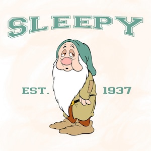 May include: Cartoon illustration of Sleepy from Snow White, wearing a green hat and tan outfit. The word "SLEEPY" is above the character, with "EST. 1937" below. The background is a light peach colour.