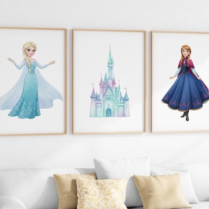 Stampe da parete Frozen, poster di Elsa e Anna con acquerello, decorazioni per la camera da letto delle bambine, stampe da parete Frozen, decorazioni per la camera delle bambine, set da 3 per la camera dei bambini
