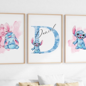 Personalized Stitch 3 Wall Art for Girls Room, Custom Name Stitch Decor, Set of 3 Prints Kids Room Wall Art, Stitch Nursery Decor