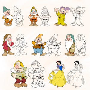 Peut inclure: Illustrations de dessins animés représentant les sept nains et Blanche-Neige. Les nains sont représentés dans diverses poses et tenues, certains en couleur et d'autres en noir et blanc. Blanche-Neige porte une robe jaune.