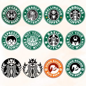 Może przedstawiać: Kolekcja okrągłych wzorów z logo inspirowanym Starbucks, z motywami Halloween i popkultury. Projekty obejmują postacie takie jak Maleficent, Sally z Nightmare Before Christmas i Harry Potter. Teksty obejmują "Dark Roast", "Nightshade" i "Not Your Basic Witch".