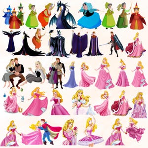 Puede incluir: Un collage de ilustraciones con personajes de la película animada "La Bella Durmiente". Las imágenes incluyen a la Princesa Aurora con varios vestidos, hadas, el Príncipe Felipe y la villana Maléfica. La paleta de colores está dominada por el rosa, el azul y el verde.