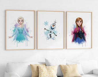 Frozen Wall Art Prints, Elsa and Anna Posters Watercolor Girls Bedroom Decor, Drawing Frozen Wall Art, Girls Room Decor, Kids Room Set of 3