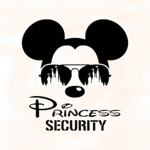 May include: Black and white graphic of Mickey Mouse wearing sunglasses with a castle reflection. The text reads "Princess Security" below the character's face. The design is on a light beige background.