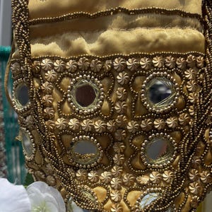 Gold bag with handle and mirror design, handmade