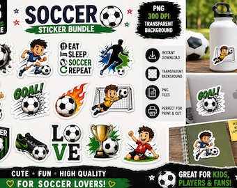 Paquete de pegatinas de fútbol en formato PNG y PDF | 15 pegatinas de fútbol adorables | Imágenes prediseñadas deportivas | Diseño para sublimación | Descarga digital instantánea