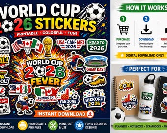 Soccer Stickers Bundle | World Cup 2026 Printable | Planner Stickers | Game Day, Goal, Fan Zone | Digital Download