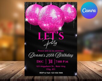 Invito per festa in discoteca, scintille, modello Canva modificabile (evite)