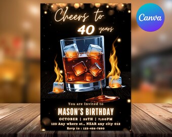Invitación de cumpleaños con temática de whisky, invitación editable para fiesta de hombres (plantilla de Canva)