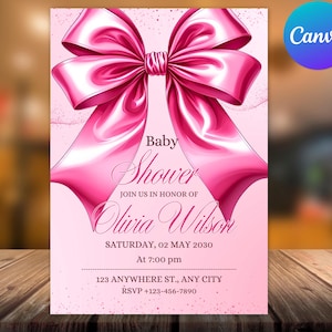 Bow Baby Shower Invitation, Girl Coquette Baby Shower Invite, Bow Girl Baby Shower Invite, Pink Bow Baby Shower Invitation, Editable Canva