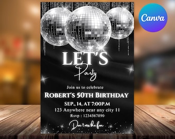 Invito per festa in discoteca, argento e nero scintillante, invito per il 50° compleanno (modificabile su Canvas)