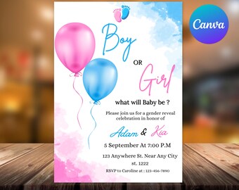 Balloons Gender Reveal Invitation, Editable Canva Template (Digital)