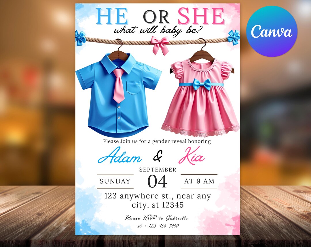 Editable Pink or Blue Clothes Gender Reveal Invitation, He or She What ...