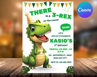 Three Rex Dinosaur Birthday Invitation, Editable Dino Party (Digital Download)