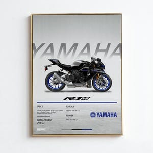 以下が含まれることがあります： シルバーとブラックのヤマハR1Mバイクのフレームプリント。ホイールには青色のアクセント。ヤマハのロゴがバイクの上に表示されています。仕様とヤマハのロゴが下に表示されています。