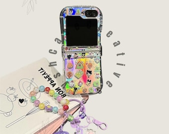 Cute Animal Cartoon Holographic Phone Case for Samsung Galaxy Z Flip 7 6 5 4 3 Clear Laser Hinge Cover with Chain Charm Shockproof