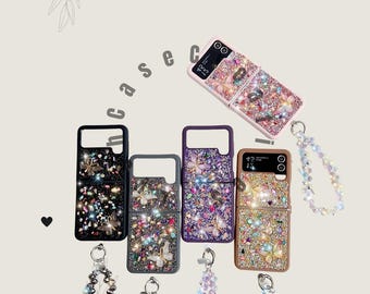 Cute Glitter Crystal Pearl Butterfly Phone Case For Samsung Z Flip 7 6 5 4 3 Cover with Strap