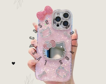 Cute Kitty Cat Glitter Bow Mirror 3D Phone Case for iPhone 17 ProMax 16 Pro 15 Plus 14 13 12 11 Case with Lanyard