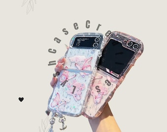 Cute Glitter Butterfly Wavy Edge Clear Phone Case for Samsung Z Flip 7 6 5 4 3 Cover with Charm