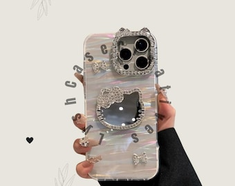 Cute Diamond Cat Mirror Kitty Phone Case for iPhone 17 Pro Max 16 Pro 15 14 13 Jewelled Camera Protect