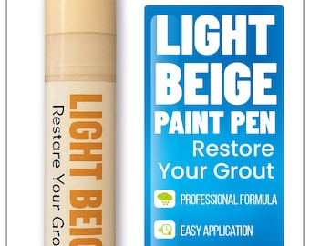 May include: Light beige grout paint pen with the text "Light Beige Paint" and "Restore Your Grout!" on the pen. The packaging includes the "Groutastic" logo and details about the product's features.