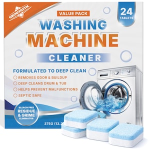 May include: A box of washing machine cleaner tablets. The box has the words "WASHING MACHINE CLEANER" in large letters. The box also says "VALUE PACK" and "24 TABLETS". The tablets are blue and white. The box also says "BLEACH FREE RESIDUE & GRIME ELIMINATOR".