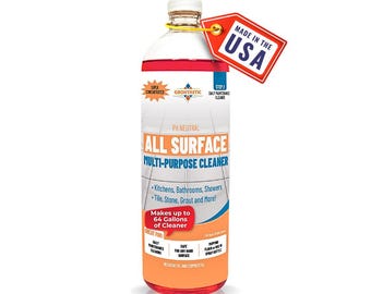 May include: A clear plastic bottle of "All Surface Multi-Purpose Cleaner" with a red and orange label. The label includes the text "Made in the USA" and "Makes up to 64 Gallons of Cleaner". The bottle is designed for cleaning kitchens, bathrooms, showers, tile, stone, grout, and more.